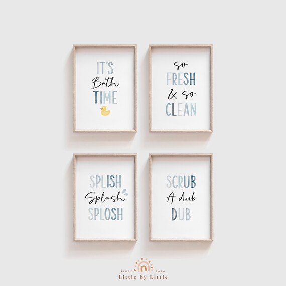 Blue Watercolor Bathroom Prints (Set of 4) : Kids Washroom Decor, Splish Splash, Scrub A Dub Dub, Bath Time, So Fresh So Clean