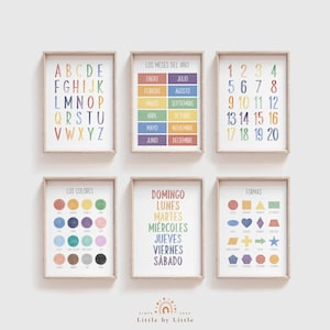 Set of 6 Spanish Educational Poster, Rainbow Watercolor Learning Prints in Spanish, Alphabet, Numbers, Weekdays, Shapes, Colors, Months