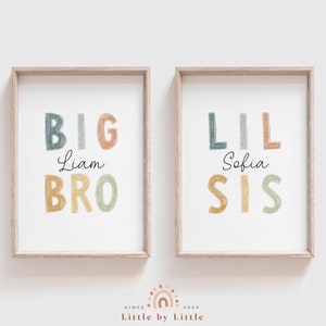 Conjunto de 2 signo de nombre de hermano personalizado, Big Sis Lil Bro, Big Bro Lil Sis, decoración de la habitación de los niños, color tierra pastel, decoración de la sala de juegos, regalo de la ducha del bebé