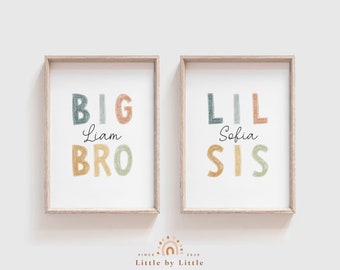 Set of 2 Custom Sibling Name Sign, Big Sis Lil Bro, Big Bro Lil Sis, Kids Room Decor, Pastel Earthy Color, Playroom Decor, Baby Shower Gift