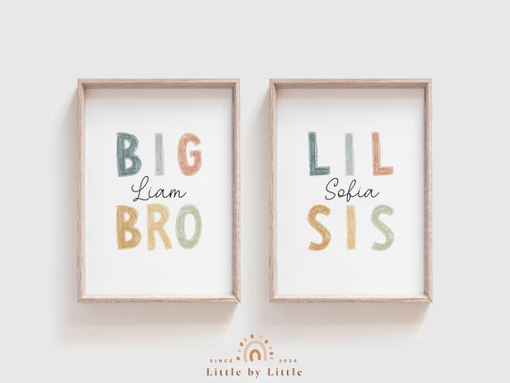 Set of 2 Custom Sibling Name Sign, Big Sis Lil Bro, Big Bro Lil Sis, Kids Room Decor, Pastel Earthy Color, Playroom Decor, Baby Shower Gift