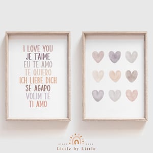 SET of 2 Love Prints, I Love You In Different Languages, Valentines Day Decor, Neutral Watercolor Art, Watercolor Hearts, Nursery Wall Art