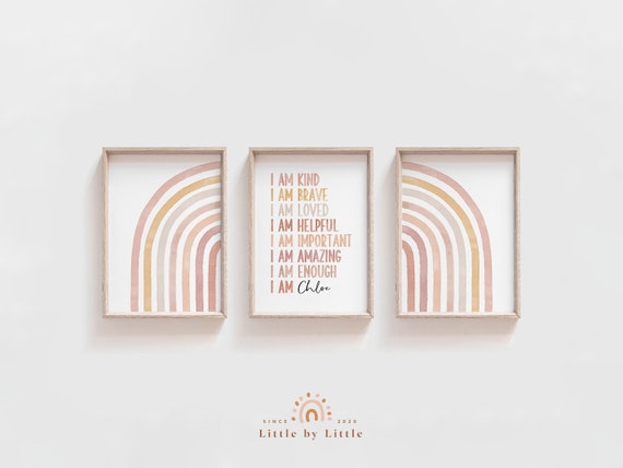 Boho Watercolor Affirmations for kids Kids, Printable Affirmation Wall Art, SET of 3 Custom Kids Affirmations, Custom Name, Half Rainbow