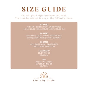 May include: A size guide for printable digital files. The guide lists different aspect ratios and corresponding sizes in inches and centimeters. The ratios include 2:3, 3:4, 4:5, 11x14, and ISO sizes. The text "Little by Little" is at the bottom of the guide.