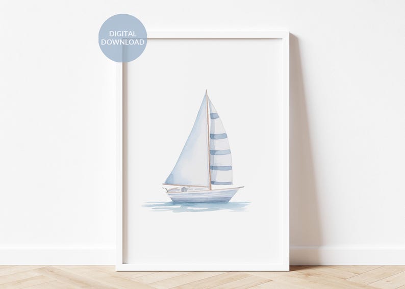 Blue Watercolor Sailboat Print, Coastal Wall Art, Nautical Nursery