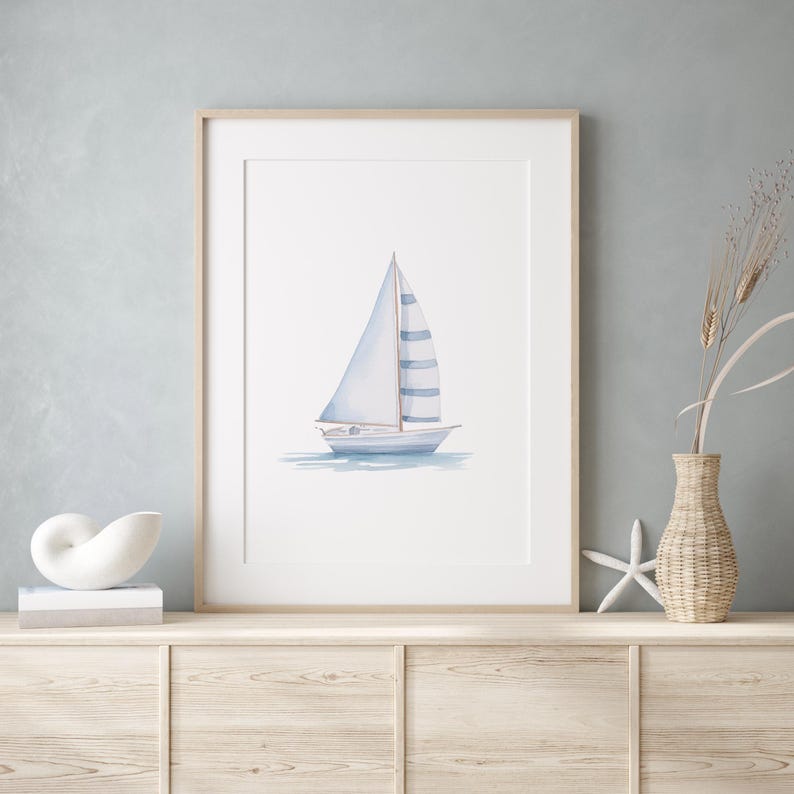 Blue Sailboat Watercolor Print: Nautical Coastal Wall Art (digital ...