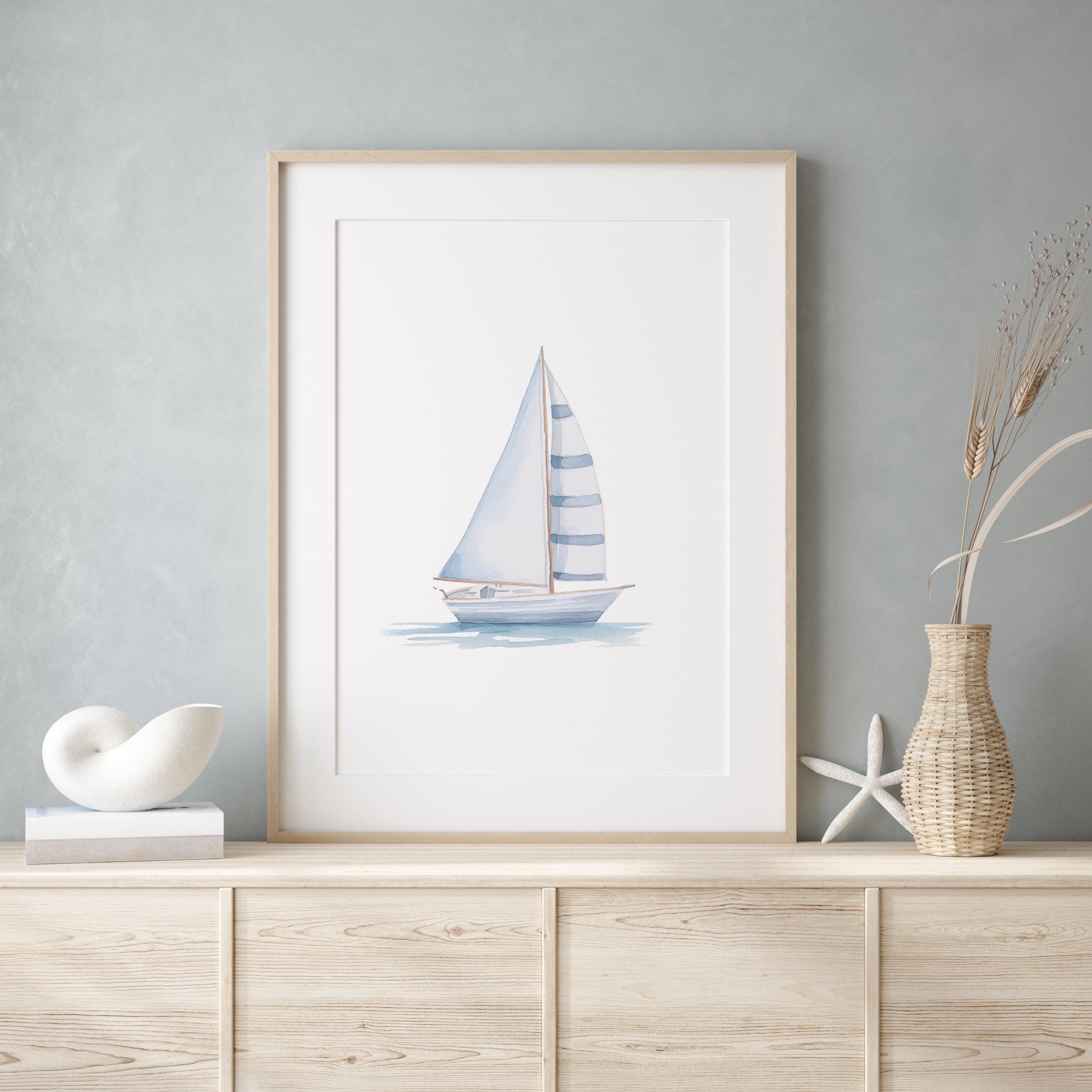 Blue Sailboat Watercolor Print: Nautical Coastal Wall Art (digital ...