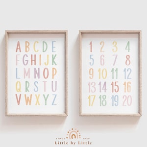 SET of 2 Pastel Learning Prints, Pastel Watercolor Alphabet & Numbers, Nursery Wall Art, Soft Rainbow Color, Montessori Educational Wall Art