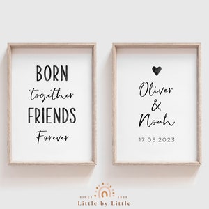 Nascidos juntos, amigos para sempre, placa de nome de gêmeo personalizada, aquarela preta, decoração de berçário duplo, berçário para impressão, conjunto de 2, impressão de citação dupla