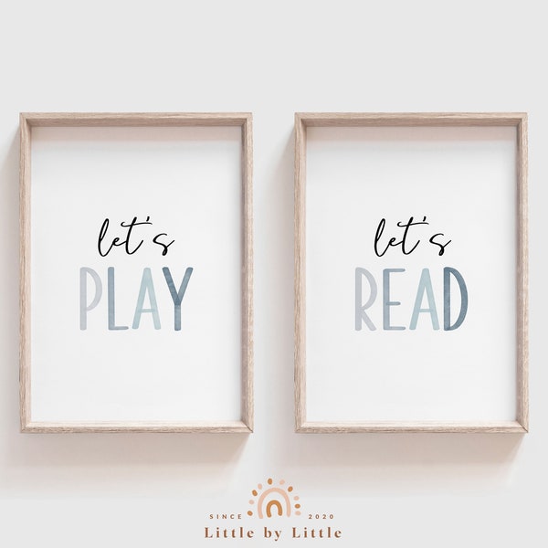 SET of 2 Kids Playroom Poster, Blue Watercolor, Let's Play, Let's Read, Blue Nursery Printable Wall Art, Boys Room Decor, Play Read Sign