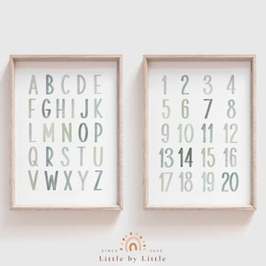 2er Set Drucke, salbeigrünes Aquarell Alphabet Zahlen, Kinderzimmer Wandkunst, grüne Kinderzimmer Dekor, Vorschullehrposter, großes ABC 123