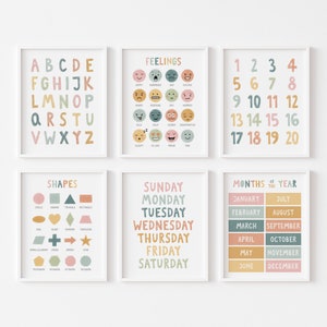 May include: Set of six colorful educational posters for children. The posters feature the alphabet, numbers 1-20, days of the week, months of the year, shapes, and feelings.