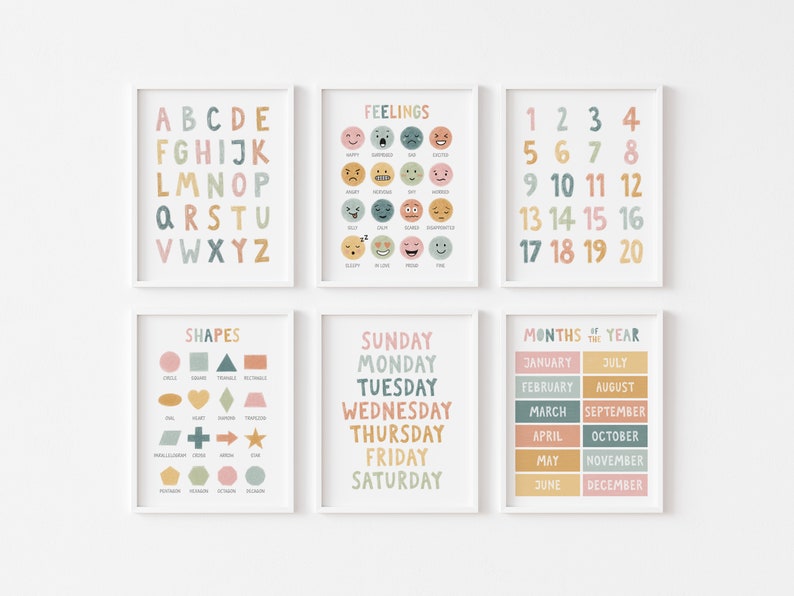 May include: Set of six colorful educational posters for children. The posters feature the alphabet, numbers 1-20, days of the week, months of the year, shapes, and feelings.