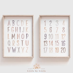 SET von 2 Lerndrucke, Aquarell Alphabet Zahlen, Boho Kinderzimmer Wandkunst, Neutrales Aquarell, Montessori pädagogische Wandkunst, ABC 123