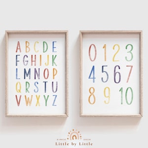 SET of 2 Nursery Prints, Watercolor Alphabet Number, Nursery Wall Art, Colorful Nursery Decor, Montessori Educational Wall Art, ABC 123