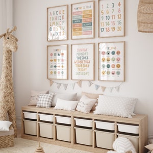 May include: A set of six colorful educational posters for children. The posters feature the alphabet, numbers, months of the year, days of the week, shapes, and feelings. The posters are framed in natural wood and are hung on a white wall.