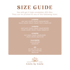 May include: A size guide for printable digital files, showing different aspect ratios and corresponding measurements in inches and centimeters. The guide includes 2:3, 3:4, 4:5, 11x14, and ISO sizes. The text "Little by Little" is at the bottom of the guide.