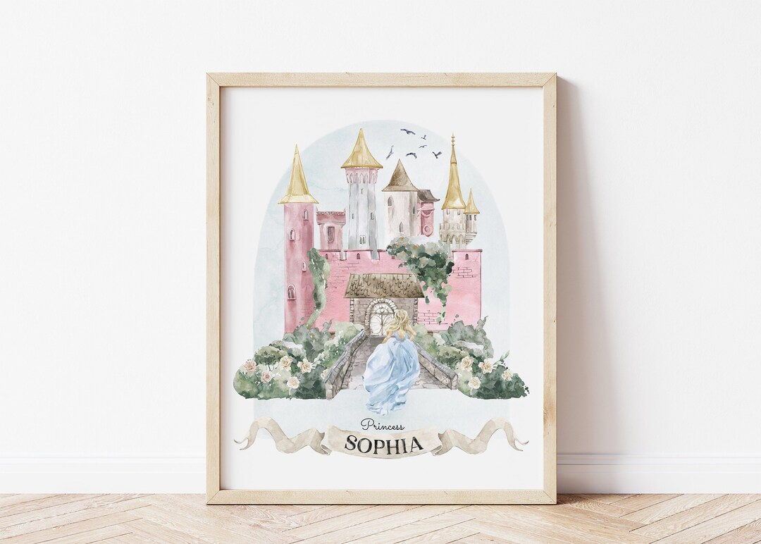 Custom Princess Castle Name Art, Watercolor Nursery Decor (PRINTABLE ...