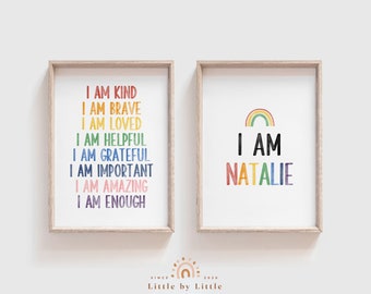 Custom Kids Affirmations, Custom Name Print, SET of 2 Prints, Kids Affirmation Wall Art, Rainbow Watercolor, Affirmation for Kids, I am kind