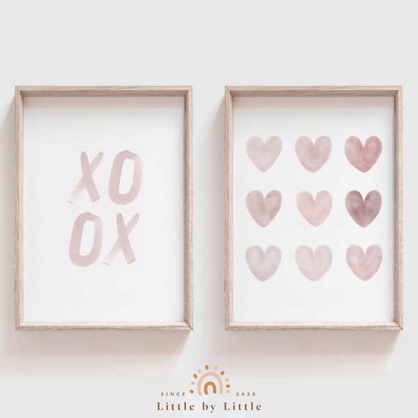 Set of 2 Love Prints, Blush Pink XOXO Print, Watercolor Hearts, Hugs and Kisses, Valentines Decor, Above Bed Printable, Girls Room Decor