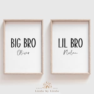 Benutzerdefinierte Bruder Name Drucke, Big Bro Lil Bro, 2er SET, Jungen Zimmer Dekor, Geschenk für Bruder, großer Bruder, kleiner Bruder, schwarzes Aquarell