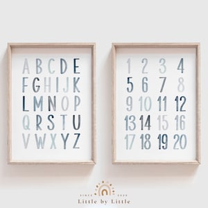 SET of 2 Prints, Watercolor Alphabet Number, Nursery Wall Art, Blue Nursery Decor, Montessori Educational Wall Art, ABC 123, Blush Blue