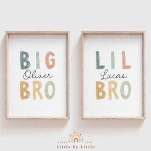 Conjunto de 2 signo de nombre de hermano personalizado, BIG bro LIL bro, Boys Room Decor, Pastel Earth Tone, Brother Gift, Big Bro, Little Bro, Playroom Wall Art