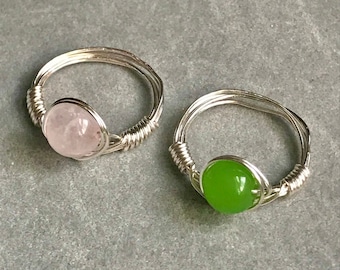 rose quartz & jade wire-wrapped silver rings