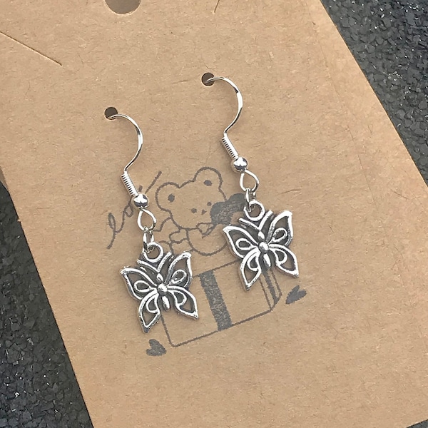 silver butterfly drop earrings