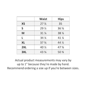 May include: A size chart showing waist and hip measurements in inches for sizes XS through 3XL.
