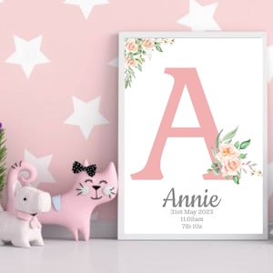 Personalisierter rosa Blumenanfangsdruck, individuelle Name Wandkunst mit Geburtsdetails, Kinderzimmer- / Schlafzimmerdrucke Dekor, Geschenk für Baby-Mädchen UNGERAHMT