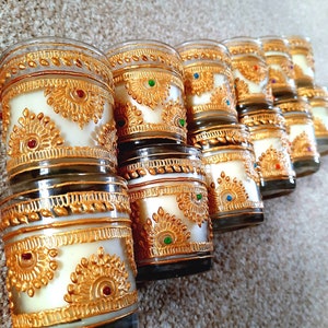 Pack of 12 Mini Customised Votive Henna Candles in Glass Jar; Wedding/Party favours, Gift for Diwali, Christmas, Bridesmaid or any occasion!