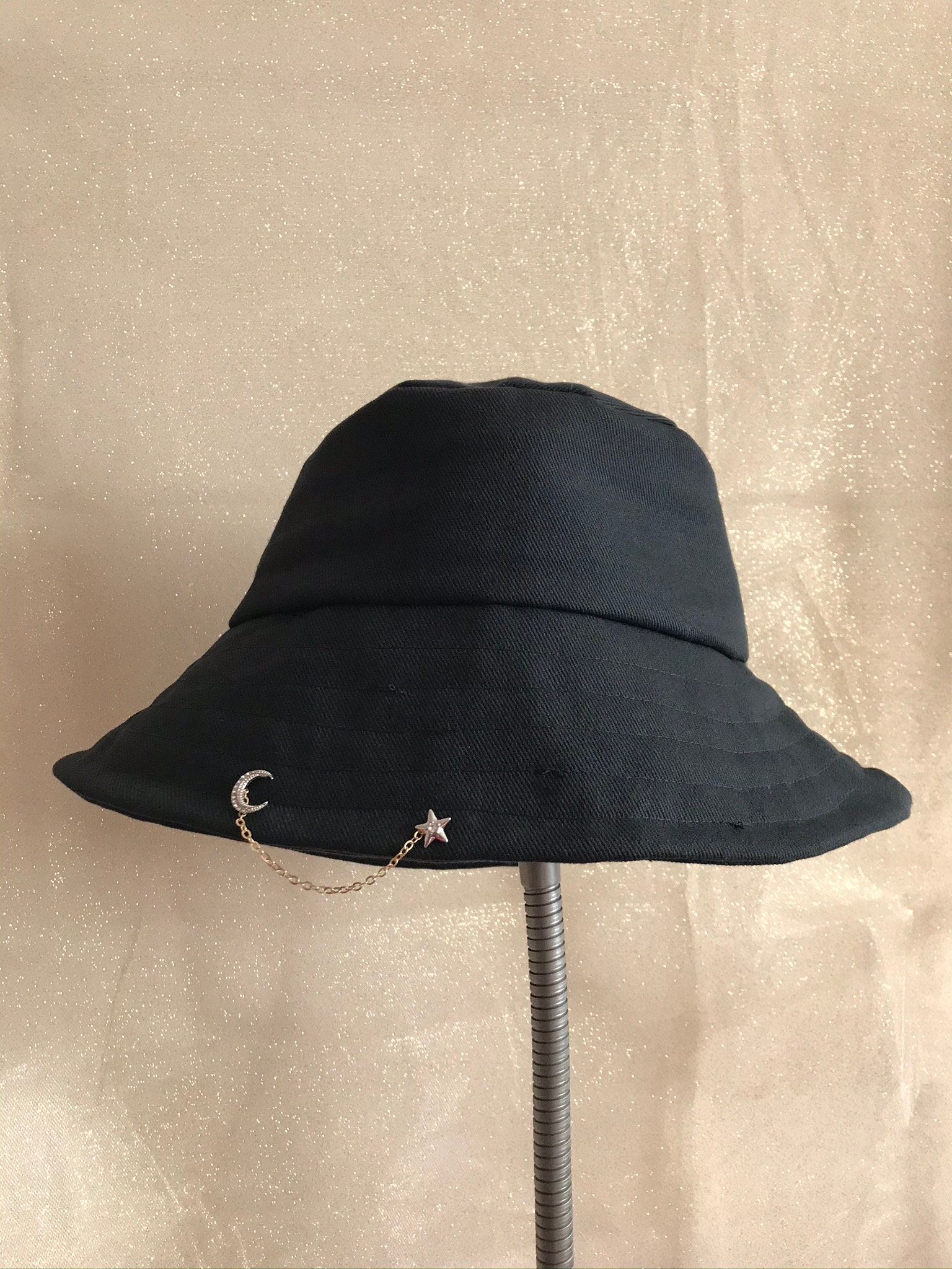 Black Bucket Hat With Chain Etsy