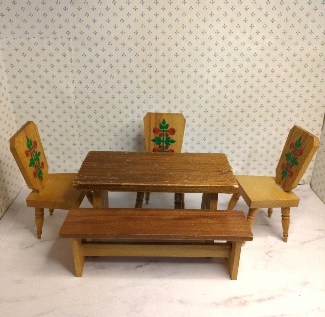 Folk Rectangle Table and Chairs Set With Bench Set/dollhouse Table and ...