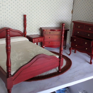 Bedroom Set with bed/night stand, short dresser, and tall dresser/Dollhouse Furniture