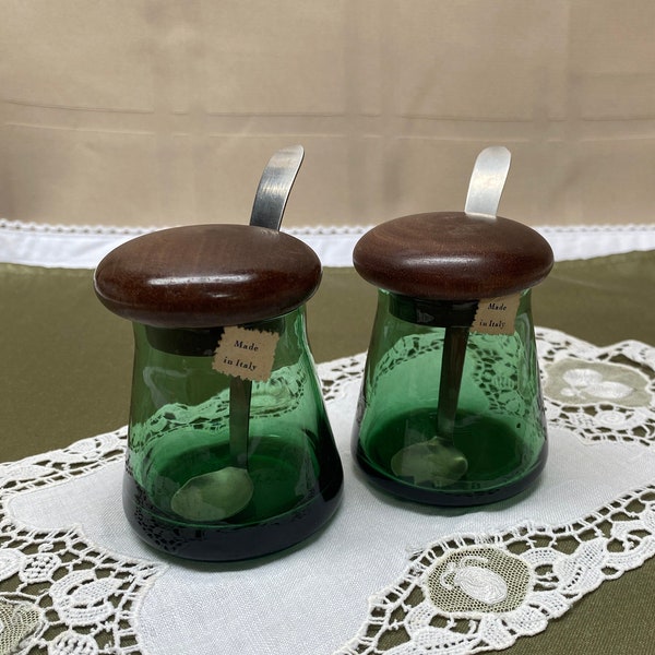 Vintage VERNCO Made in ITALY Green Glass and Stainless Condiments Servers|Mid Century Serving Pieces Covered Condiment Jars