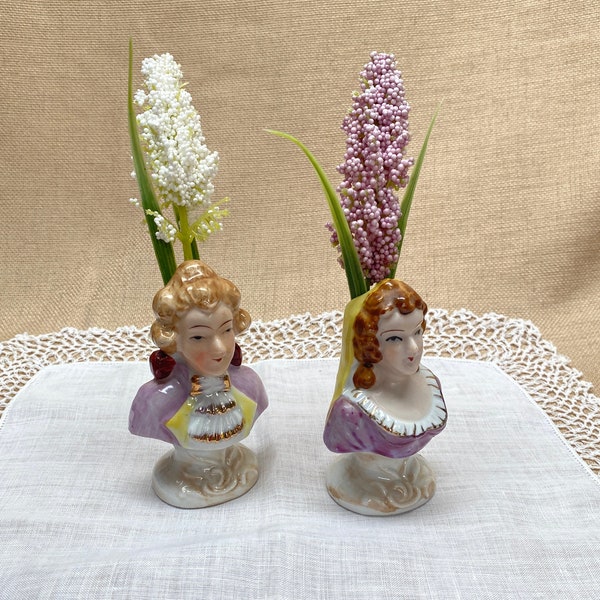 Antique HEAD VASES Victorian Man and Women|Small Head Flower Vase Elizabethen Royalty Hand Painted China Head Vases with Flowers