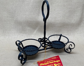 Vintage WROUGHT IRON Handcrafted Condiment Holder or Candleholder Made in Spain|Vintage Imperial Black Iron Table Top Organizer