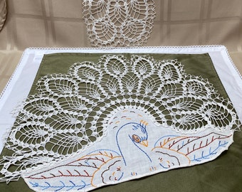 Vintage CROCHETED PEACOCK Handmade Linen Table Coverings Set of Two|Vintage Embroidered Placemats| Farmhouse Decor|Vintage Handmade Doilies