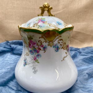 Antique L.R.L. Limoges Porcelain Biscuit Jar: Hand-Painted Floral Celadon & Gold