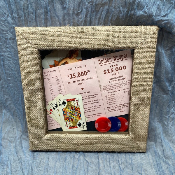 Vintage KENO CASINO Game Instructions Cards and Poker Chips in Shadow Box Collage|Antique Casino Collectibles