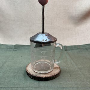 Vintage Glass Manual 1 -Cup Food Chopper | Hazel Atlas Glass Farmhouse Kitchen Utensils with Red Wood Knob Handles