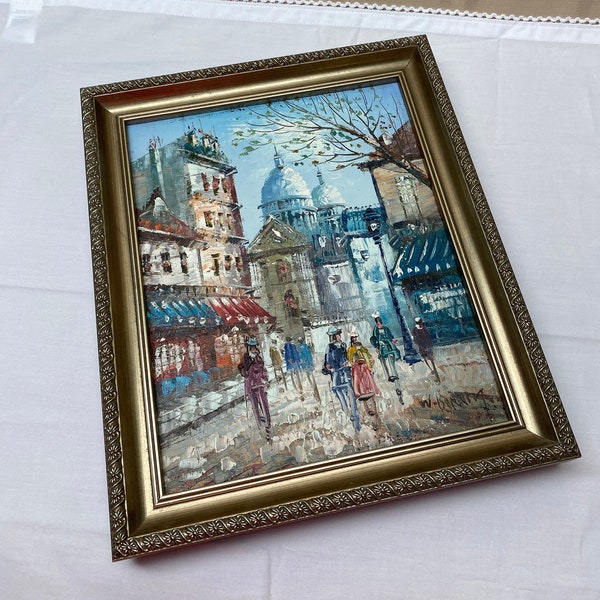 Vintage Signed OIL PAINTING in Custom Gold Frame|European Busy Sidewalk Scene of Circa 1940's|Small Table Top Framed Original Art