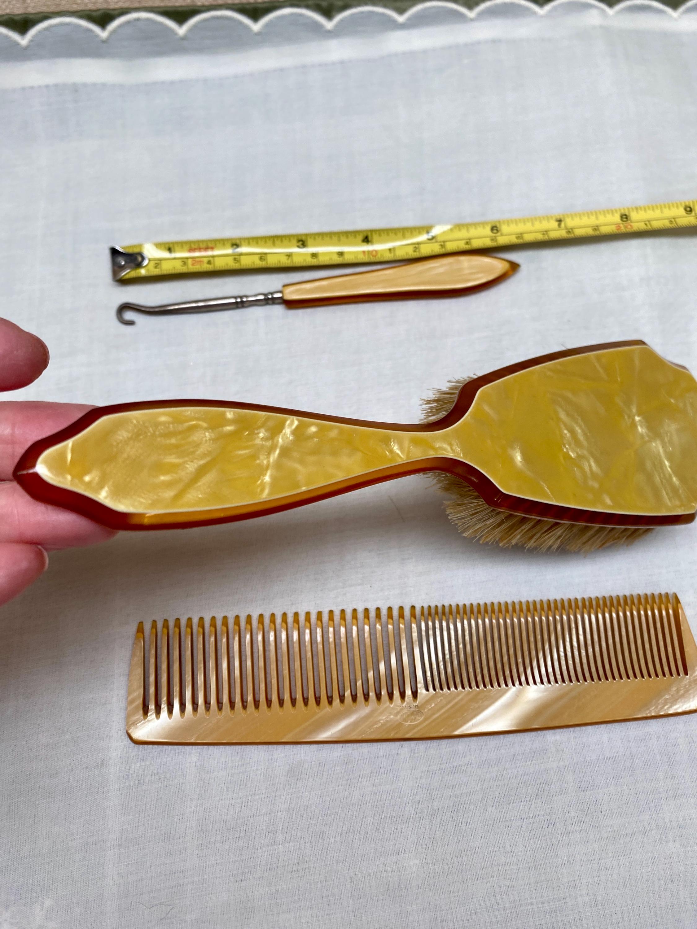Vintage Celluloid Vanity Set: Hair Brush, Dupont Comb  display picture 2
