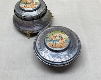 Vintage Aluminum Vanity Set | Victorian Inlay Trinket Boxes
