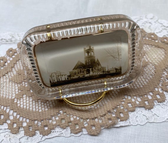 Antique Rounded Glass Paperweight with Vintage Church Image Manufactured by Wilfred Smith New York