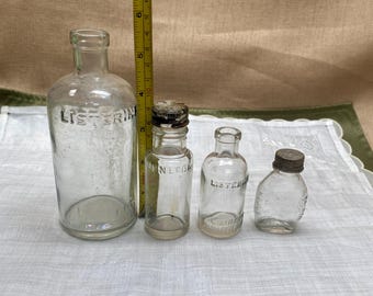 Antique Glass Medicine Bottle Set, Listerine, Bayer, Benetol, Early 1900s Apothecary Decor