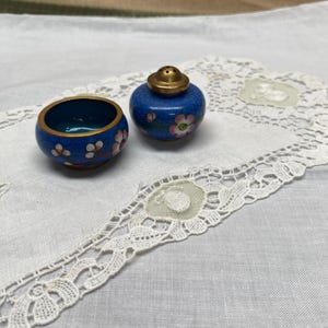 Vintage Cloisonne Stacking Salt and Pepper Cellar: Oriental Brass Spice Holder