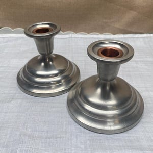 Colonial Pewter by Boardman Candlestick Holders with Copper Inserts | Pair of Early American Taper Candle Candleholders