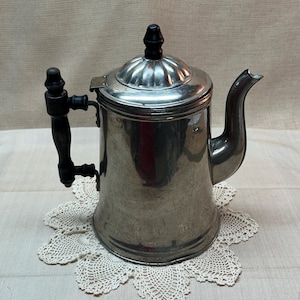 Pewter Coffee Percolator with Copper Bottom and Hinged Lid with Wood Handle and Knob